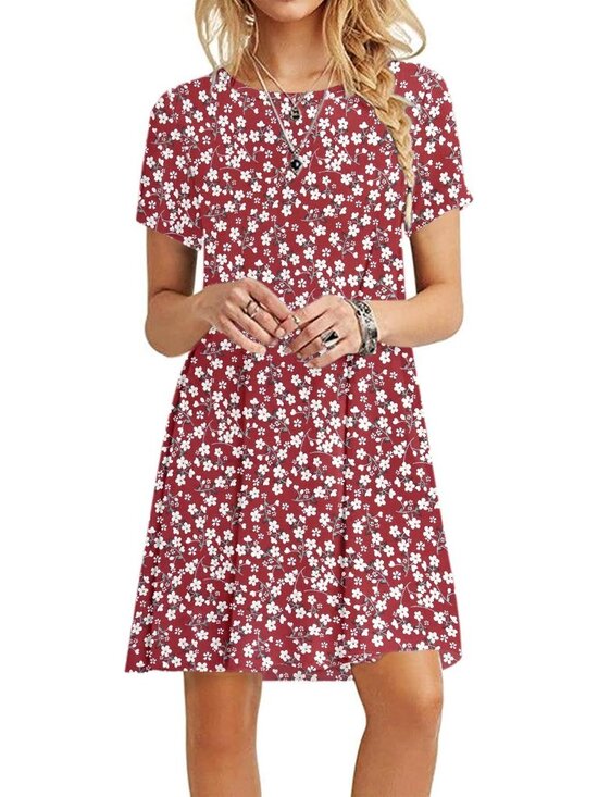 Dresses & Skirts - Women's Red Flower Crew Neck Classic Short Sleeve Soft Pull On Pockets T Shirts